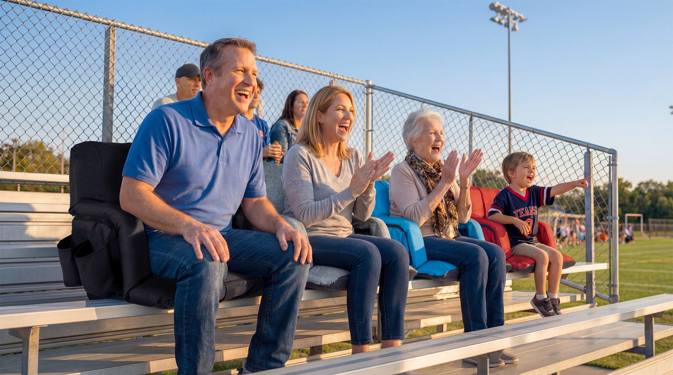 A family watching a game from the bleachers with YEYEEYYEE Stadium Sofas